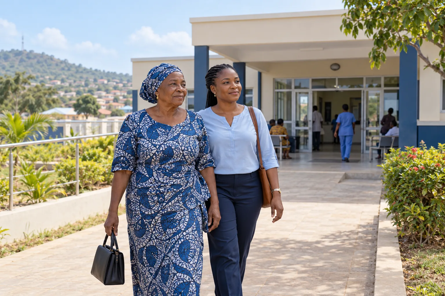 Illustration: an older woman and her daughter approach a community clinic.