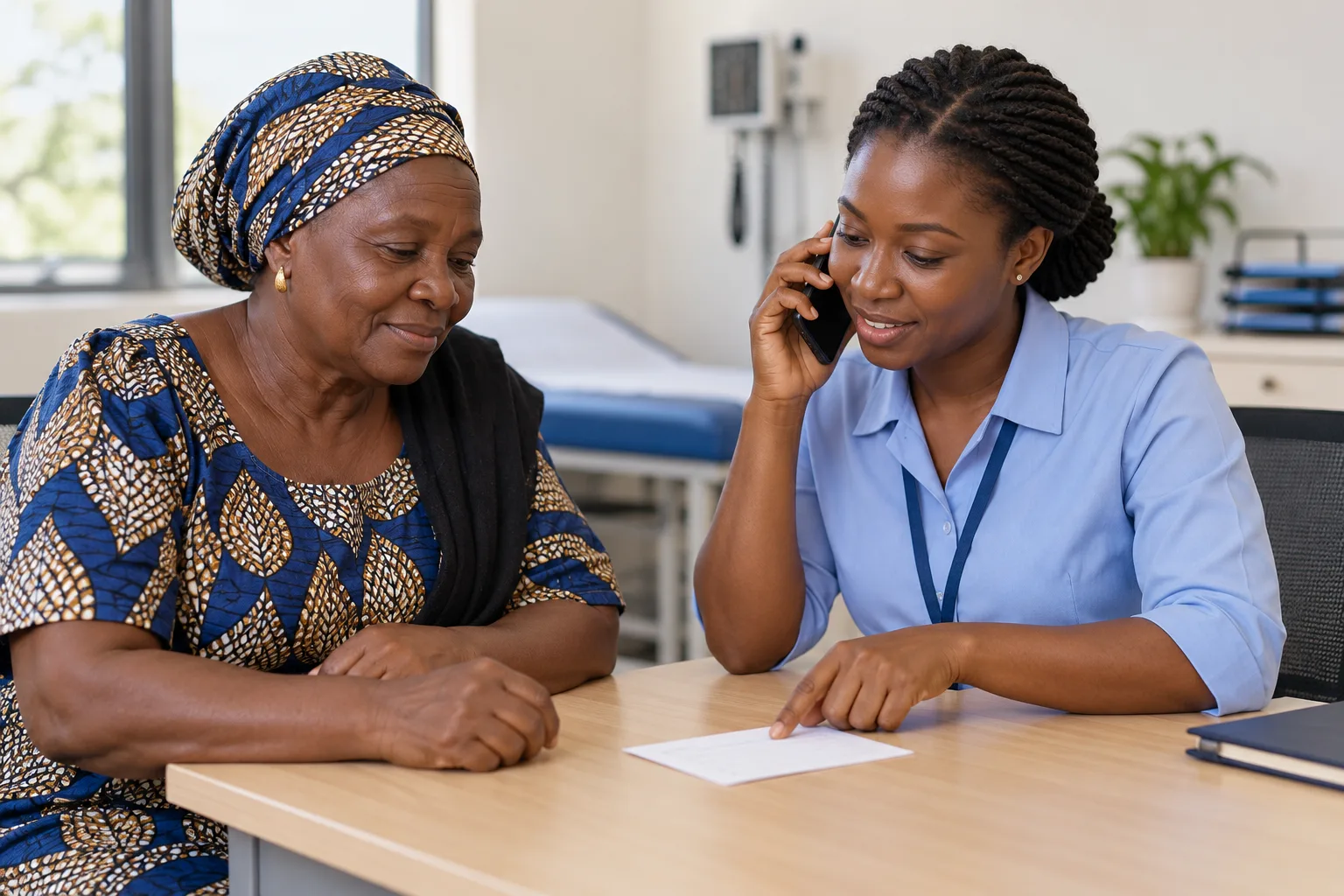 Illustration: a care navigator coordinates an appointment with an older woman.