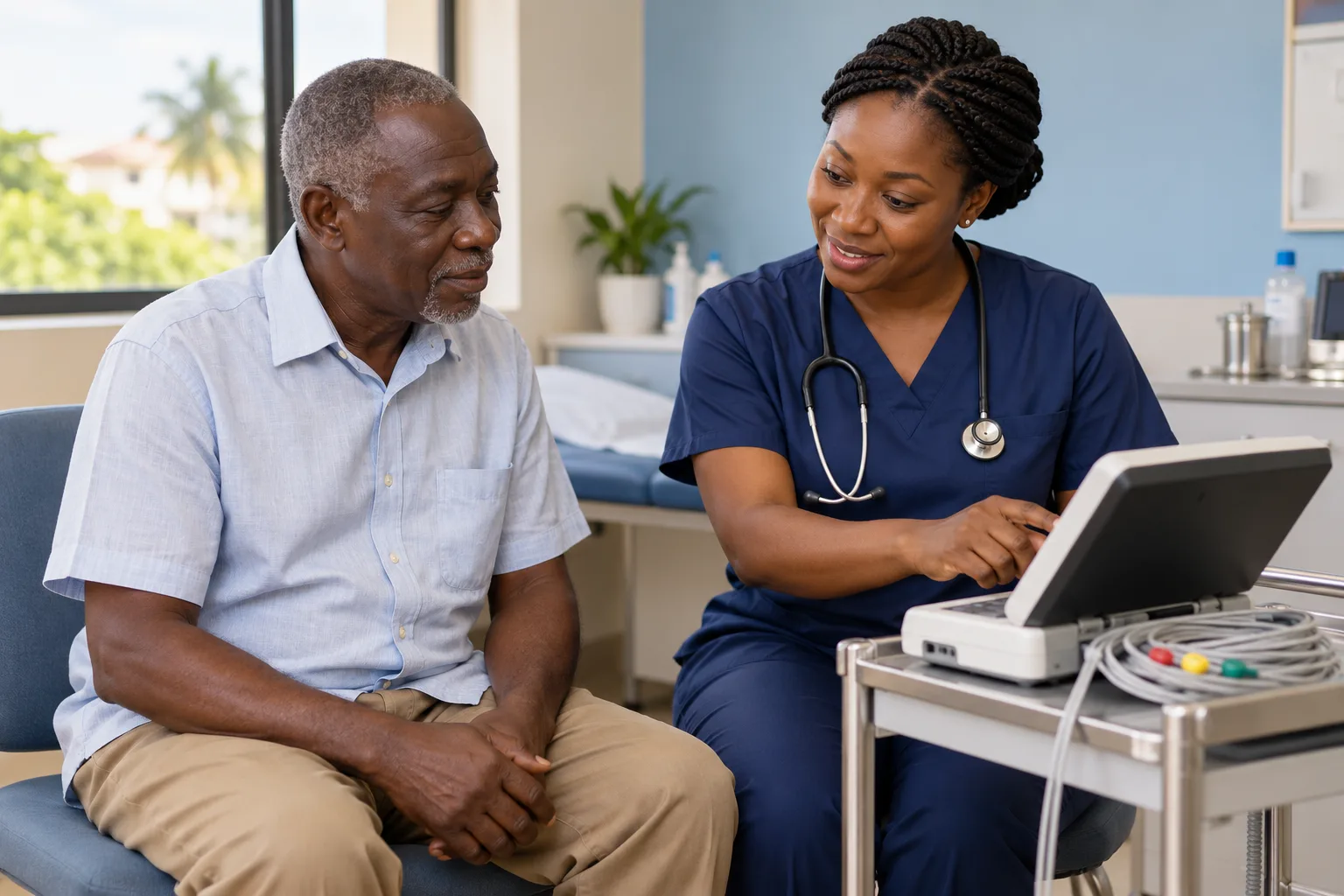 Illustration: a clinician explains a portable ECG device to an older man.